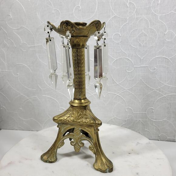 Antique Brass Candlesticks 11" Gold Candle Holder Crystal Prisms Ornate Art Deco - Picture 3 of 16